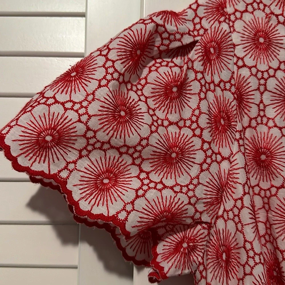 AnnTaylor floral midi dress, belted, floral embroidery, red and white, size SP - Picture 3 of 8